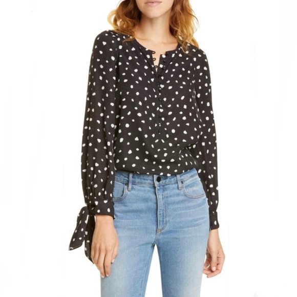 Rebecca Taylor Black Polka Dot Long Sleeve Tie Top Sz 4 or Small - Picture 1 of 11